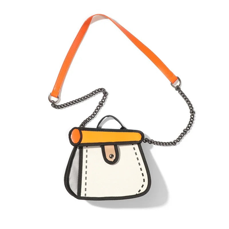 Bolso de mano con cadena metal, diseño de dibujo animado 2D