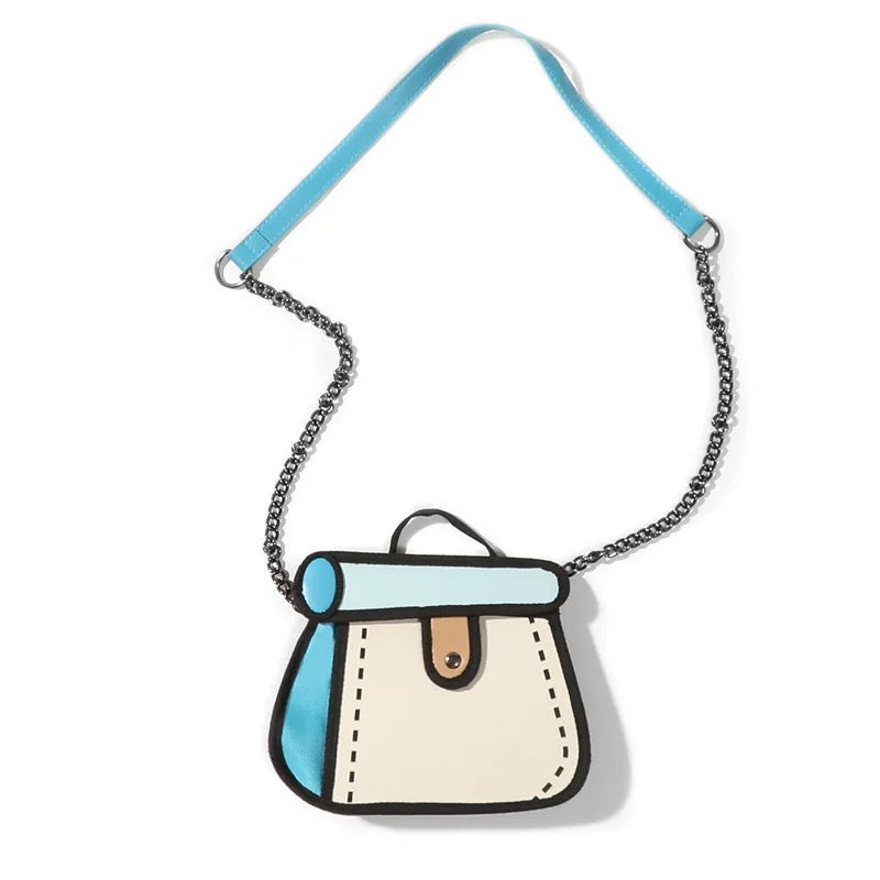 Bolso de mano con cadena metal, diseño de dibujo animado 2D