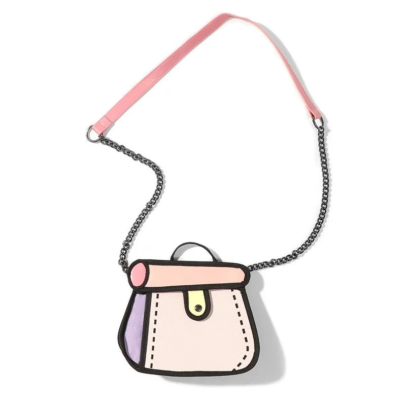 Bolso de mano con cadena metal, diseño de dibujo animado 2D