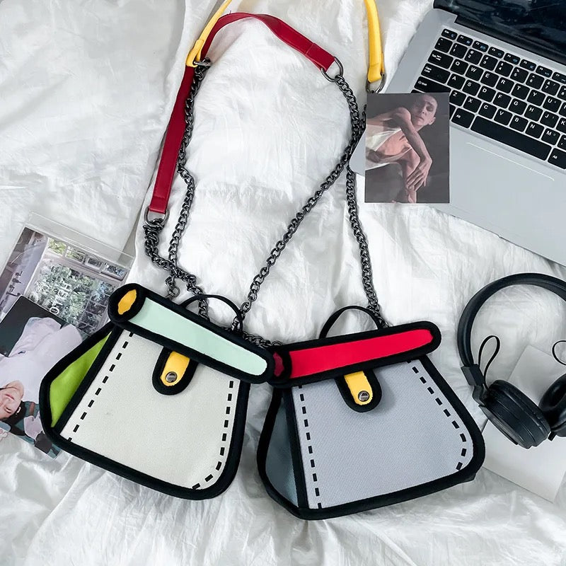 Bolso de mano con cadena metal, diseño de dibujo animado 2D