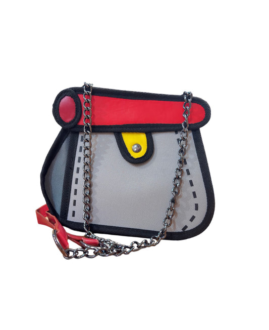 Bolso de mano con cadena metal, diseño de dibujo animado 2D